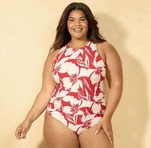 Shade & Shore High Neck One Piece Swimsuit Red & White Hawaiian Floral Sz 18